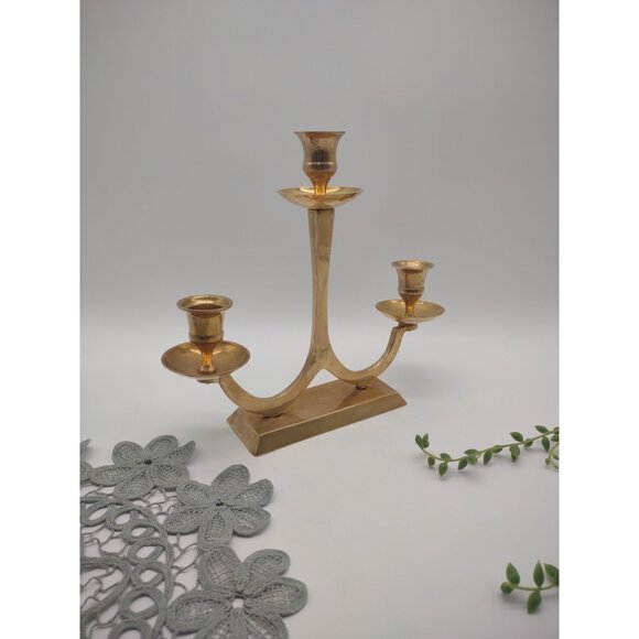 Vintage Brass MCM Mid Century Two Arm Three Candle Holder Centerpiece Candelabra - Picture 1 of 17